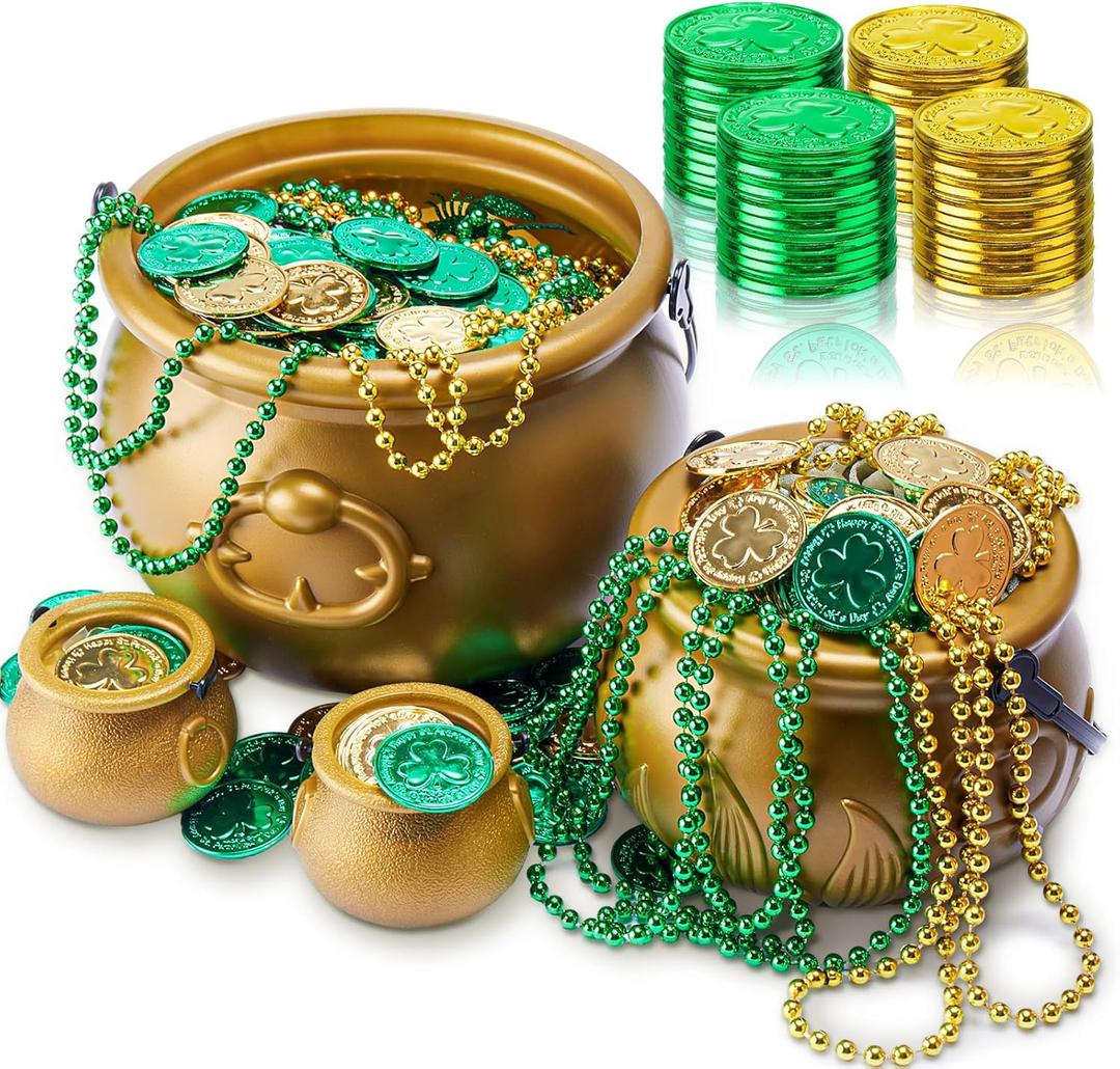 116 Pcs St. Patrick's Gold Cauldron Kettle with Beaded Necklace Coins Set 1 Pcs Large 1 Medium 2 Lucky Small Plastic Leprechaun Pot for St. Patrick's 12 Beaded Necklace 100 Shamrock Coins