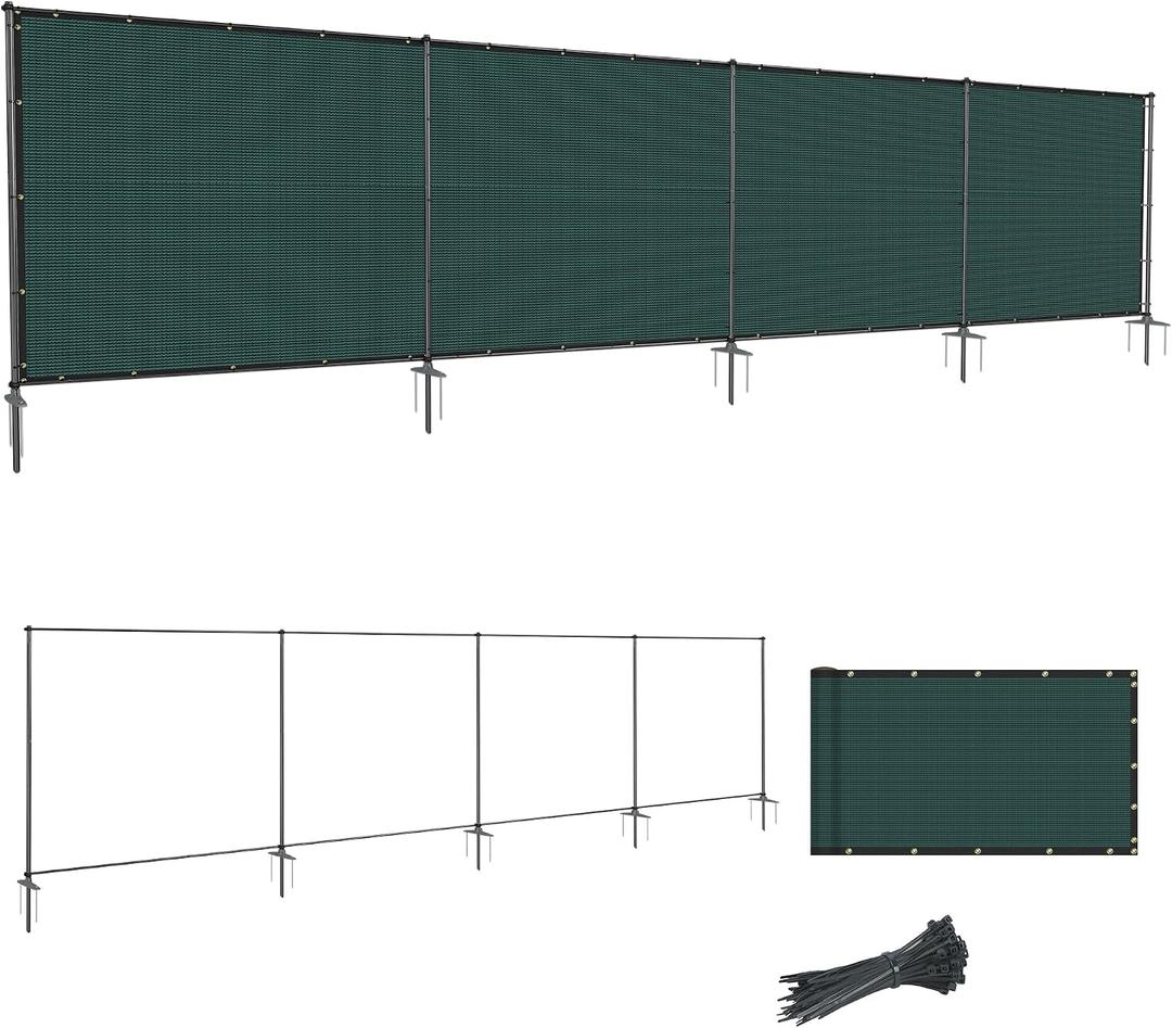 SunnyRoyal 5' x 24' Privacy Fence Screen Panel with Iron Poles Freestanding No Dig Heavy Duty Windscreen Mesh Fabric Temporary Dog Fencing for Outdoor Backyard Patio Garden (Green)