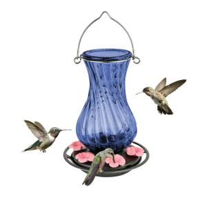 Nature's Way Hanging Glass Hummingbird Feeder for Outdoor Decor, 32 Ounce Capacity Nectar Feeder, 6 Easy to Clean Flexible Pink Ports, Blue