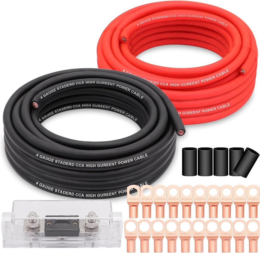 4 Gauge Wire Copper Clad Aluminum CCA 50FT Black/Red with 4ga lugs,100A ANL Fuse Holder and Heat Shrink Tube - Battery Power/Ground Cable,Car Audio Speaker,RV Trailer Amp Wiring kit