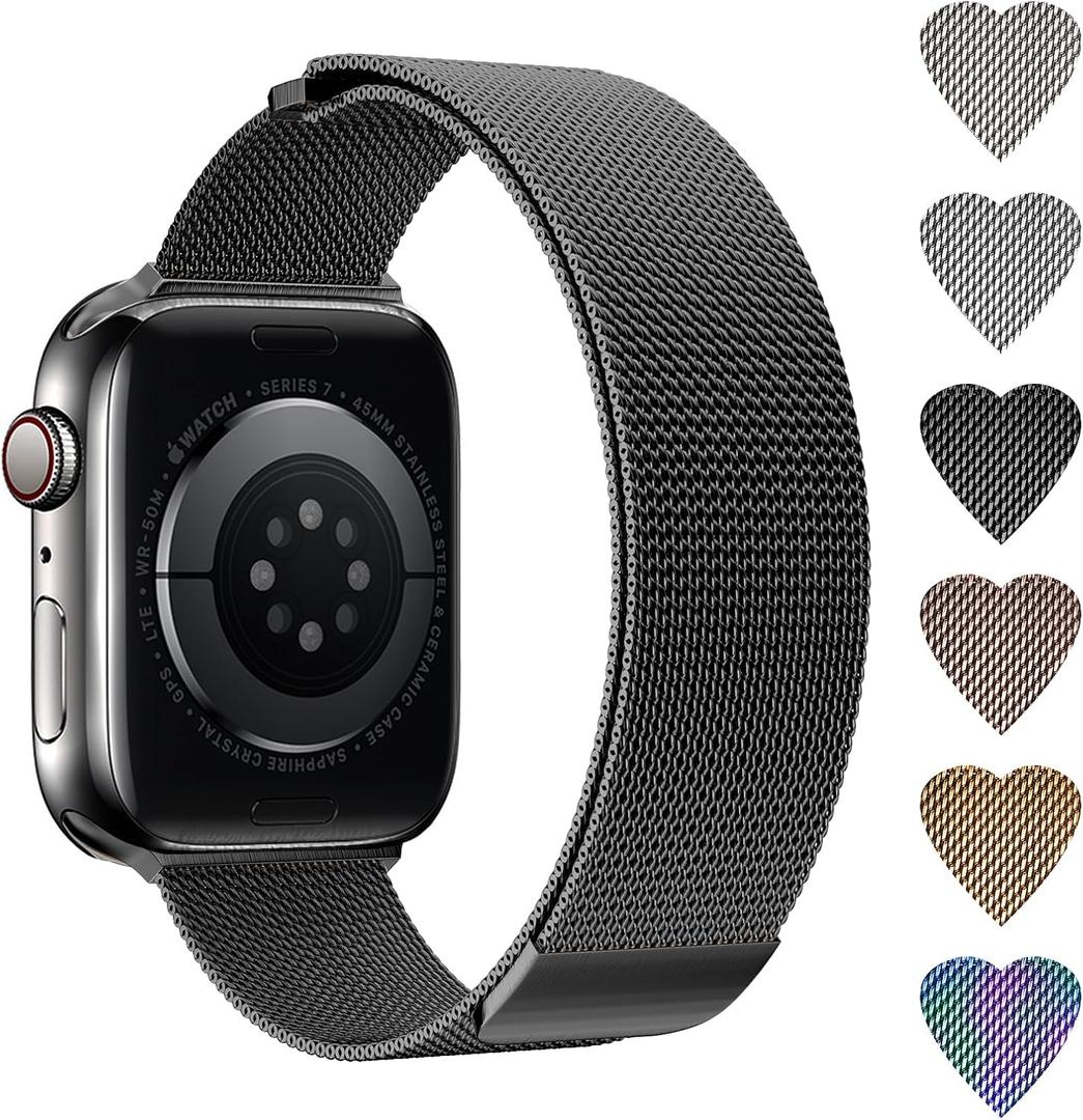2 x Magnetic Loop Band Compatible with Apple Watch S9/8/7/6/5/4/3 38/40/41/42/44/45/49mm, Ultra 1/2 49MM, Classy Stainless Steel Metal Mesh Strap fit iWatch SE, Women Men