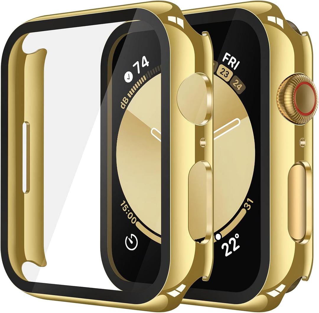 Misxi 2 Pack Tempered Glass Case Compatible for Apple Watch SE 3 (2025) SE 2 SE Series 6 Series 5 Series 4 44mm, Hard PC Screen Protector Overall Protection Cover for iWatch, 1 Gold + 1 Transparent