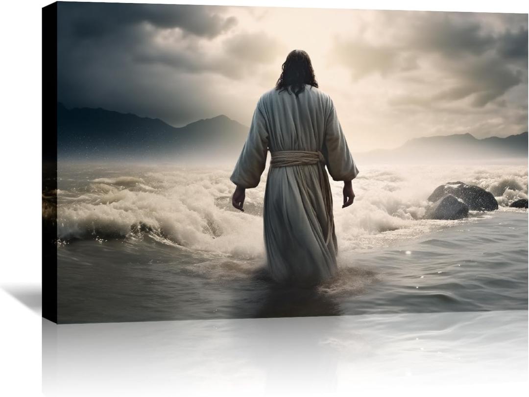 Jesus Canvas Wall Art Christ Wall Decor Jesus Walking in Water Picture Religious Painting Christian Artwork for Living Room Bathroom Modern Home Decor Framed(Art-2,16.00"x24.00")