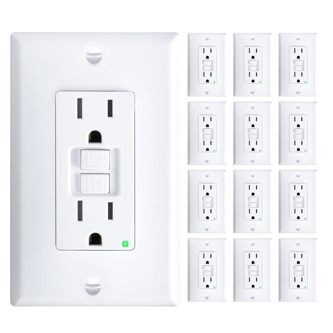 Amico 12 Pack GFCI Outlet 15 Amp with Thinner Design, Non-Tamper Resistant, Self-Test GFI Receptacles with LED Indicator, Wall Plates and Screws Included, Indoor, ETL Listed, White