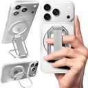 (2025 Upgraded) 4-in-1 Magnetic Phone Grip Stand for MagSafe with Finger Strap Loop, Removable Ring Holder for iPhone 17 Pro Max 16 15 14 13 12,Kickstand for Hands-Free View at Home Work Travel, Silver