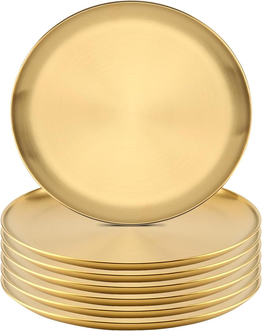 MOUYAT 6 PCS 10 Inch Large Stainless Steel Plate, 26cm Round Dinner Metal Plates, Metal Salad Steak Plates Reusable Dinner Dish for Eating Serving Camping Outdoor BBQ Home Kitchen, Frosted Gold