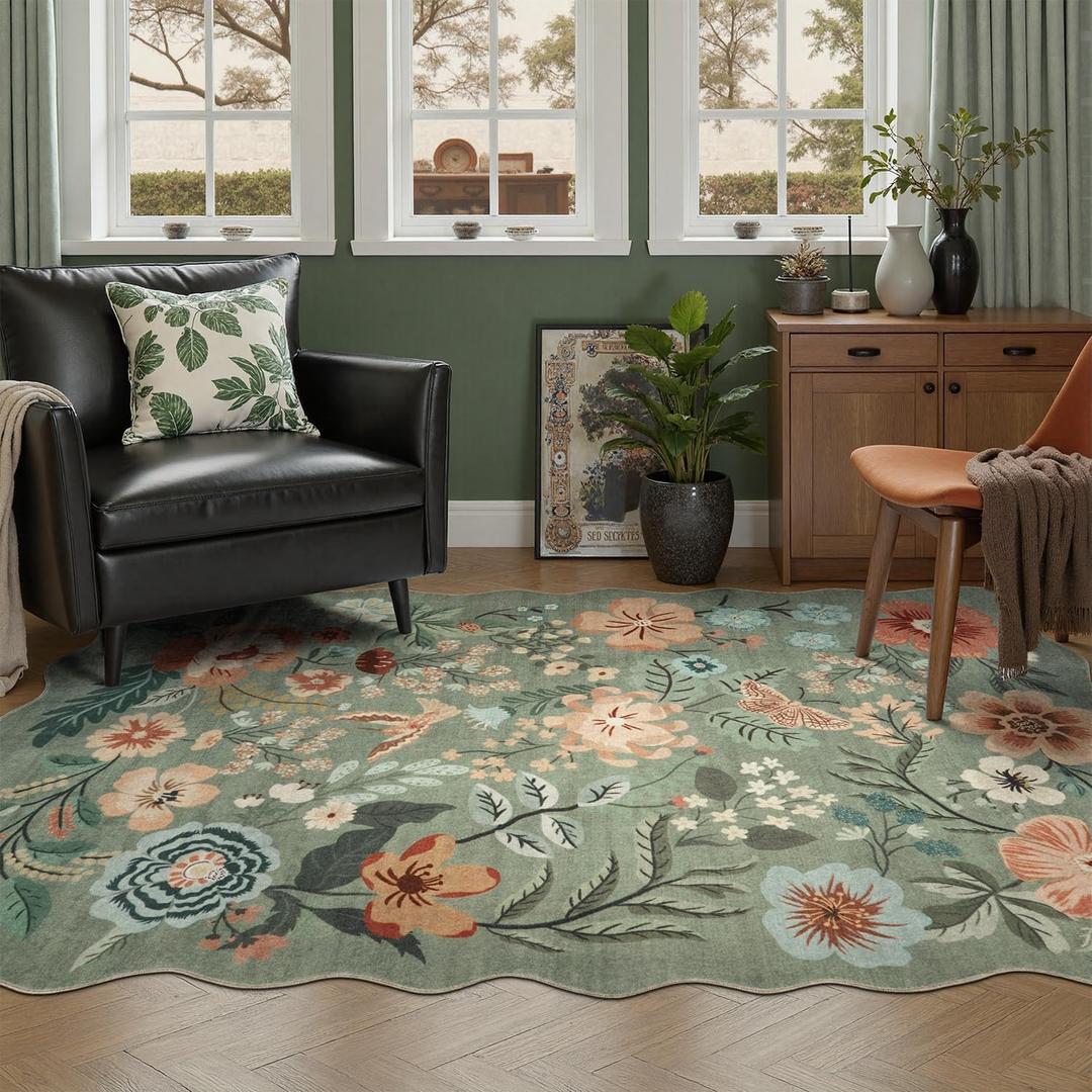 DCX Vintage Floral Rug 4x6, Washable Sage Green Rug for Living Room, Kid & Pet Friendly with Rubber Back Non Slip, Soft Low Pile Carpet, Stain Resistant Rug for Bedroom, Nursery, Dining Room