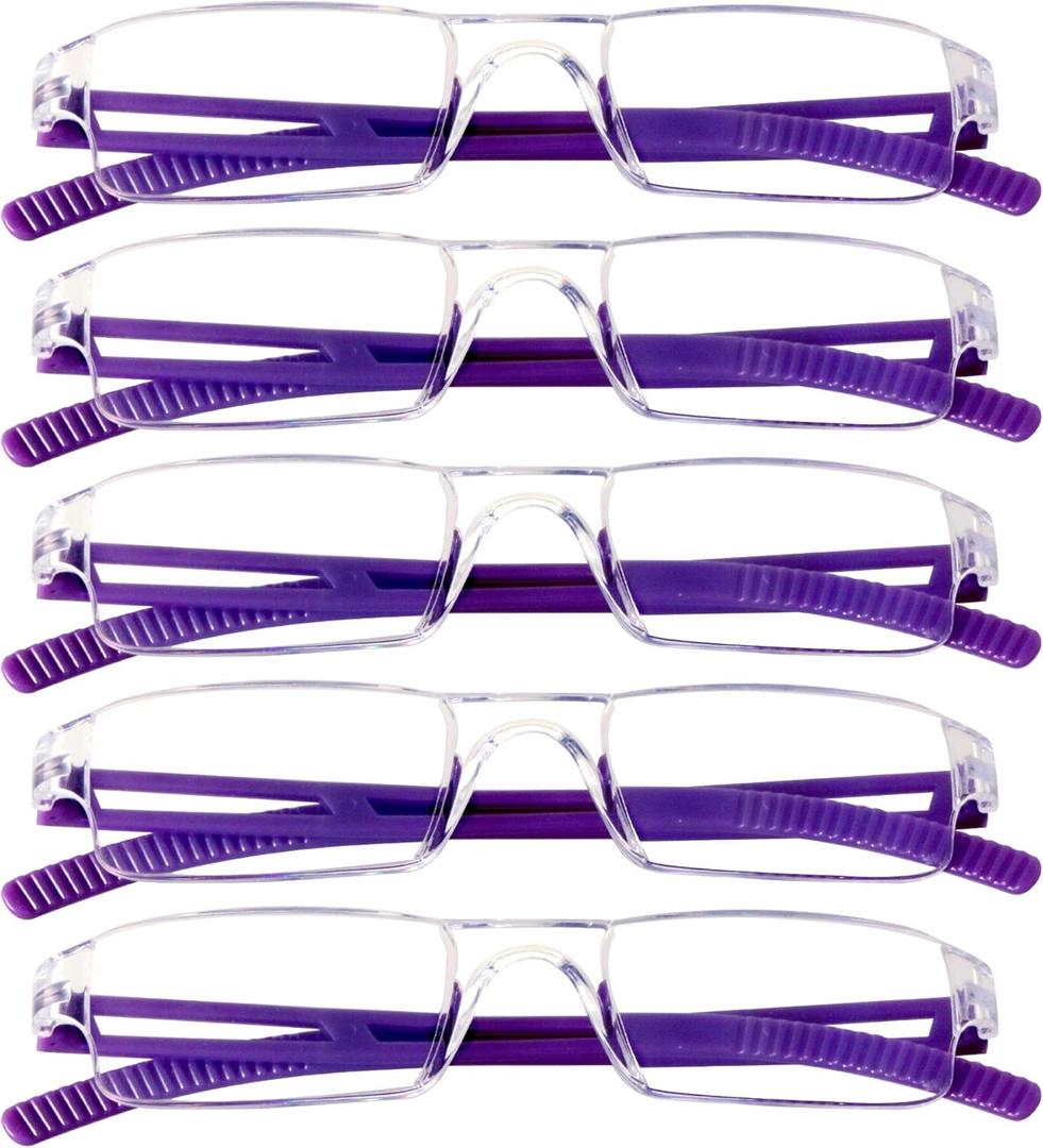 VisionGlobal 5 Pairs Reading Glasses, Blue Light Blocking Glasses, Computer Reading Glasses for Women and Men, Fashion Square Eyewear Frame (Purple,+1.00 Magnification)