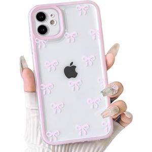 NITITOP Compatible with iPhone 11 Case Cute Clear Durable Ribbon Bowknot Pattern for Girls Women Soft TPU Transparent Full Camera Lens Shockproof Protective Phone Cover - Pink