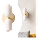 Double Cylinder Wall Sconce, Mid Century Modern Gold Vanity Light Fixture with White Glass Shade, 2-Light Bedside Wall Lamp, Decorative Wall Lighting for Bathroom, Bedroom, Living Room, Hallway(White)