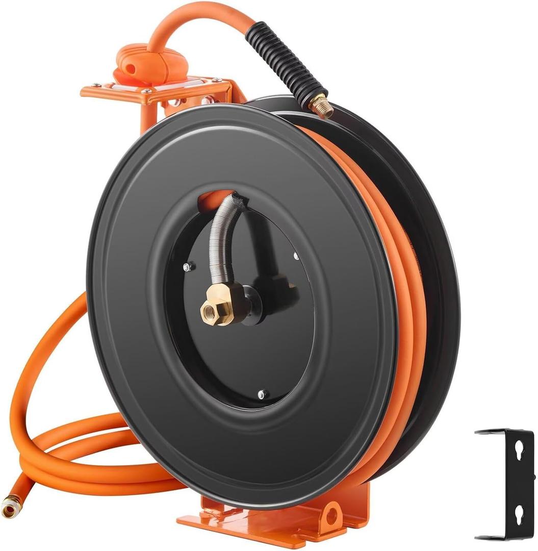 3/8 IN x 50FT Retractable Rubber Air Hose Reel Max 300 PSI,Suitable For Automotive Repair/Industrial Workshops