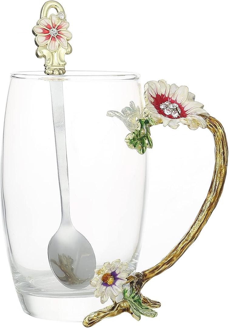 Tea Cup Gifts for Mom Women Mothers Day Glass Coffee Enamels Mug Birthday Butterfly Rose Gifts for Her Valentines Day Christmas Tea Cup with Spoon