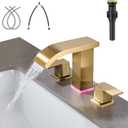 LED Light Widespread Bathroom Faucets for Sink 3 Hole Waterfall Brushed Gold-Bathroom Faucet with Pop-up Drain Assembly, 8 Inch Bathroom Sink Faucet 2-Handles,Modern Lavatory Vanity Faucet