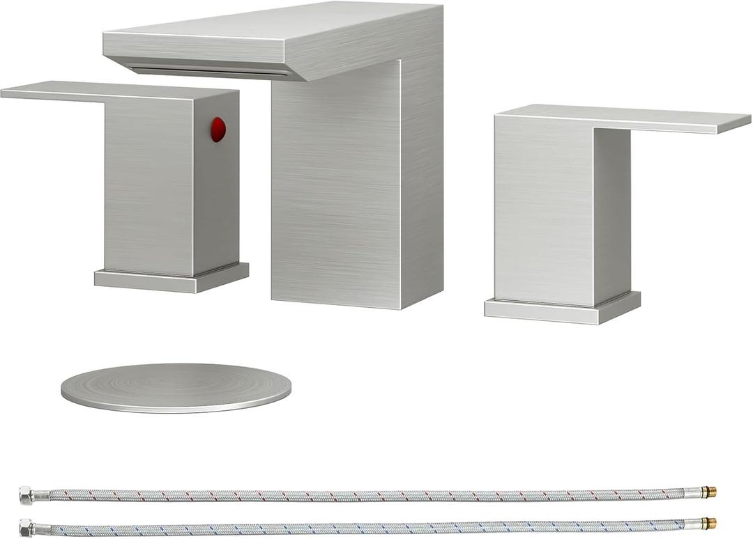 BESy Waterfall Bathroom Faucets 3 Hole Square 8 Inch Widespread Bathroom Sink Faucet Vanity 2 Handle Widespread for Restroom Sink with Pop Up Drain cUPC Supply Hose Brushed Nickel