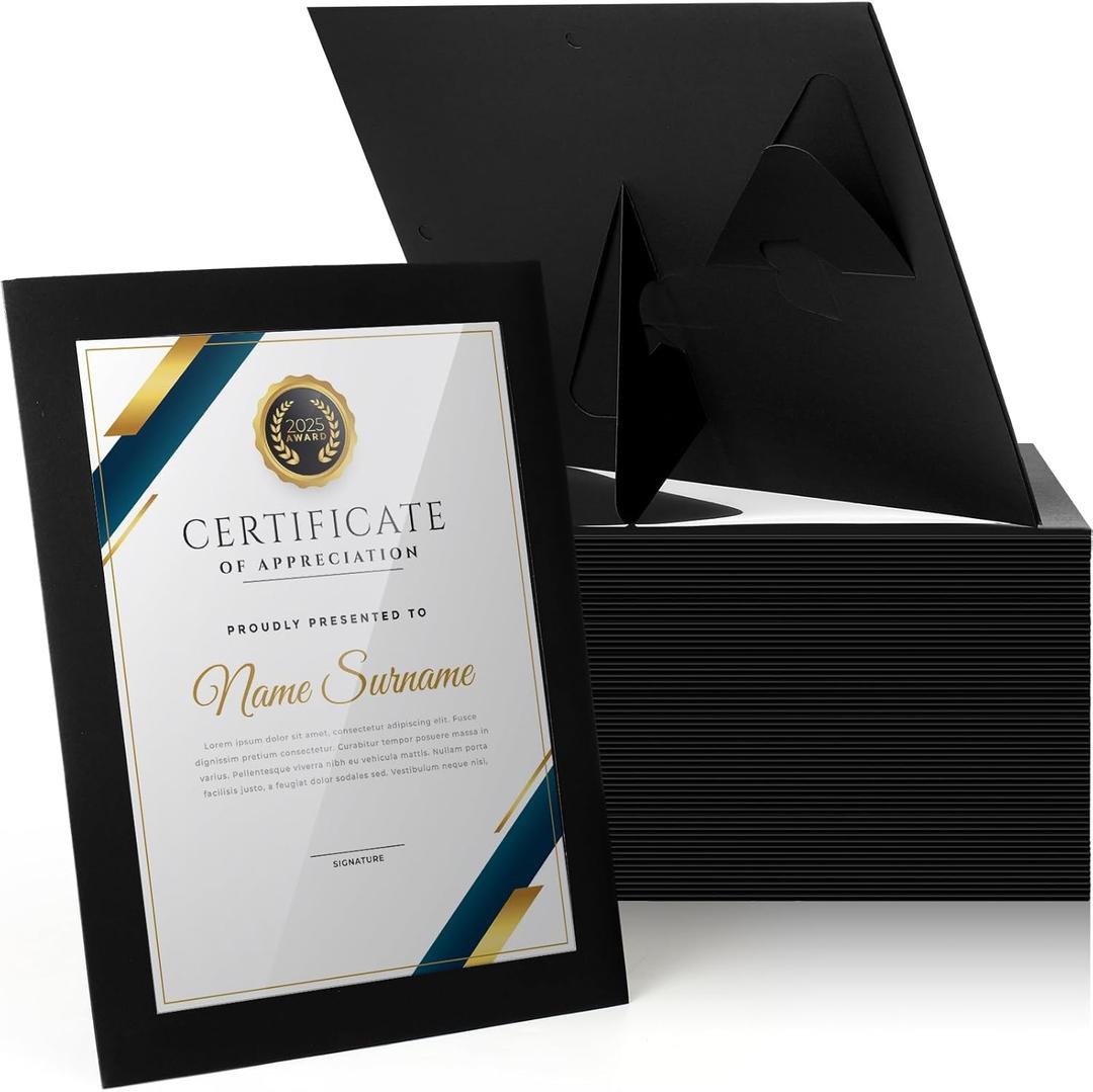 Tatuo 50 Pcs 8.5 x 11 Paper Picture Frames Document Horizontal Paper Certificate Holders Display Gallery Wall Frame Art with Easel Photo Certificates Degree Diplomas (Black)