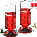 20oz Glass Hummingbird Feeder for Outdoors Hanging, Bird Nectar Feeder with 4 Bee Guard Flower-Shaped Feeding Ports & Built-in Ant Moat, for Bird Lover, Red (2 Pack)