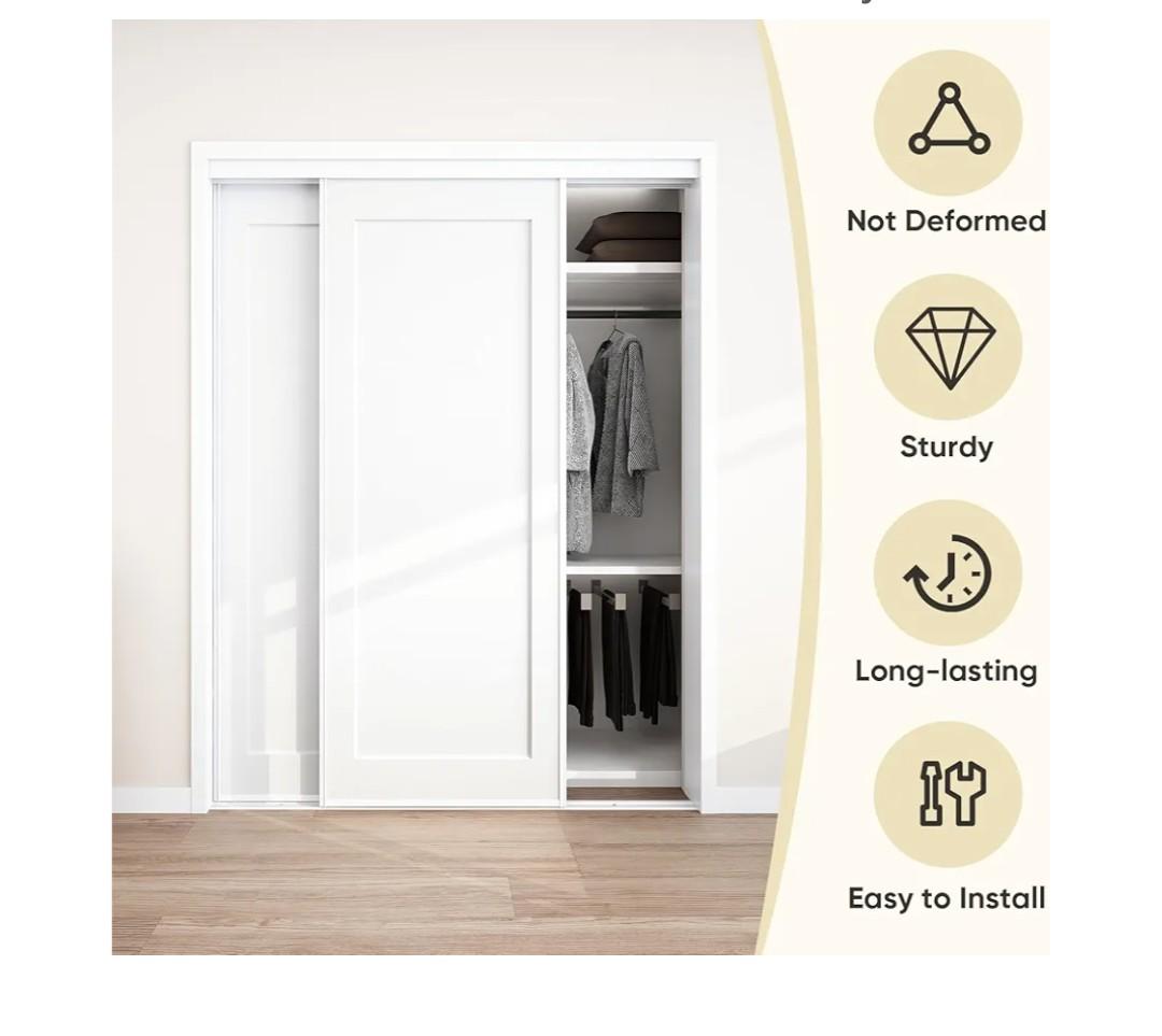 JUBEST Sliding Closet Door 60"(Double 31") x80", Steel Frame Bypass Primed Door with Top & Bottom Track Kits, Preassembled Hardboard Panels with Paintable Surface, Durable & Sturdy
