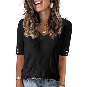 AKEWEI Womens V Neck Sweater Short Sleeve Lightweight Knit Summer Fall Tops with Decorative Buttons S Black