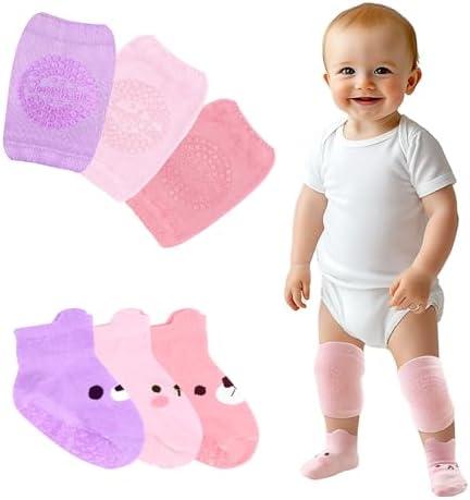 Simply Kids Anti-Slip Baby Knee Pads and Socks Set for Crawling and Walking (6 Pairs, 6-18 Months) Infant Toddler Boy Girl