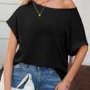 Tankaneo Womens Off The Shoulder Tops Oversized T-Shirts Summer Casual Short Sleeve Boat Neck Loose Fit Basic Tees (Black, M)