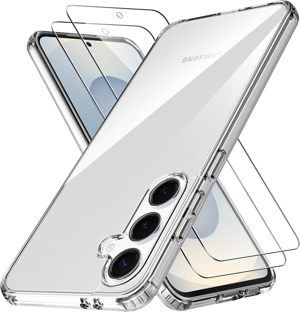 Designed for Samsung Galaxy S25 +/PlusAnti Yellowing TPU&PC Clear Phone Case & 2 Pack Tempered Glass Screen Protector.9H Hardness Support Fingerprint Unlocking