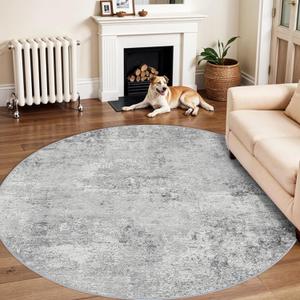 RUUGME Washable 6ft Round Rug - Abstract Rugs for Living Room Large Area Rugs Modern Stain Resistant Indoor Mat for Bedroom Dining Room Non Slip Rubber Backing Thin Super Soft Room Decor 6ft Grey