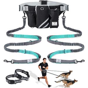 SHINE HAI Retractable Hands Free Dog Leash with Dual Bungees for 2 Dogs, Adjustable Waist Belt Fanny Pack, Reflective Stitching Leash for Running Walking Hiking Jogging Biking Black
