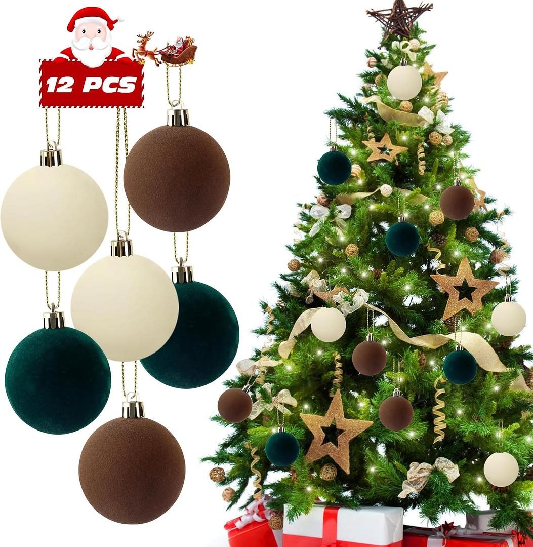 12 PCS Velvet Ornaments for Christmas Tree Decorations, Elegant Velvet Christmas Ornaments Balls, Shatterproof Xmas Decorative Hanging Ornaments(Brown, Green, Light Khaki,2.36 Inch)