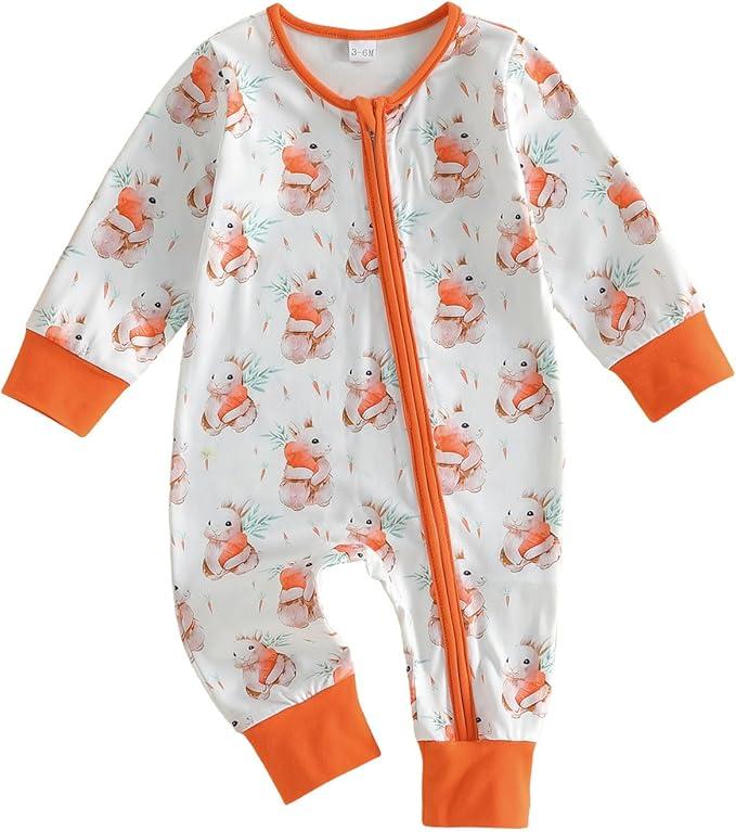 Newborn Boy Outfits Bunny Jumpsuit Long Sleeve Zipper Romper Rabbit Bodysuit Easter One Piece Outfit.6-9M