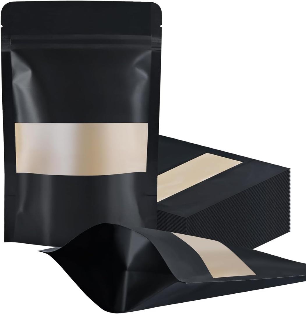 FireKylin 100 Pcs Resealable bags 3.5" x 5.5" Black Paper Bags Zipper Food Storage Bags, Stand Up, Reusable, Sealable, with Matte Window, Black, for Packaging Products