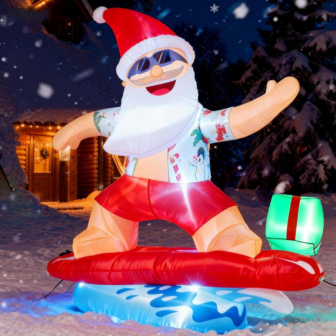 JOYHALO 6FT Surfing Santa Inflatable with Lights, Tropical Style Christmas Inflatables for Hawaiian Christmas Decorations,Christmas Blow Up for Yard Garden Lawn Holiday Party Decor