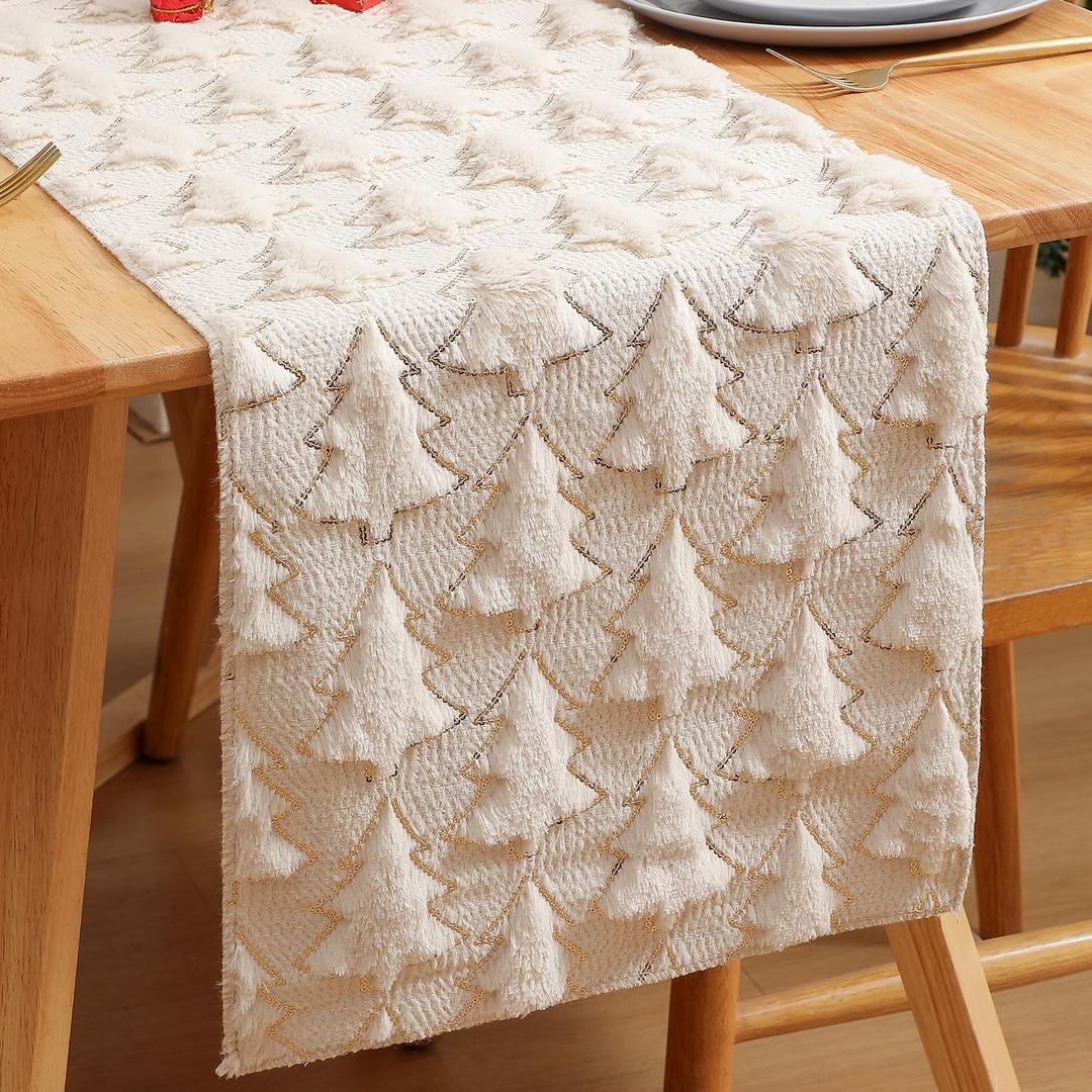 Christmas Table Runner Quilted Plush 3D Table Runners Beige Xmas Tree Sequins Runners for Tables Kitchen Dining Decorations Winter Runner Party Supplies 13x37 Inch
