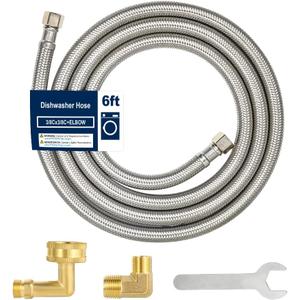 6FT Dishwasher Hose with Elbow Stainless Steel Braided Supply Line, 3/8" Compression to 3/8" Elbow, Universal Fit, Burst Proof, NSF/Lead-Free Certified