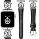 Minyee Compatible with Apple Watch Bands Leather 38/40/41/42/44/45/46/49mm Women, Slim Dressy Leather Strap with Celtic Knot Triquetra Metal Buckle for iWatch Series 11 10 9 8 7 6 5 4 SE/Ultra 3 2 1 (Black/Silver)