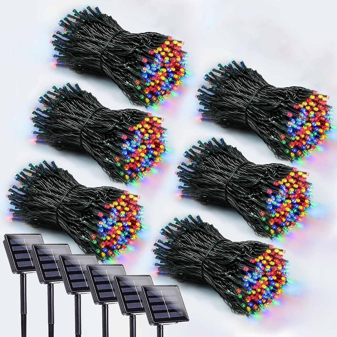 6 Pack 600 LED Solar String Lights for Outside, Solar Christmas Lights with 8 Lighting Modes, Waterproof Green Wire Solar String Lights Outdoor for Tree Xmas Party Garden Yard Decorations (MultiColor)
