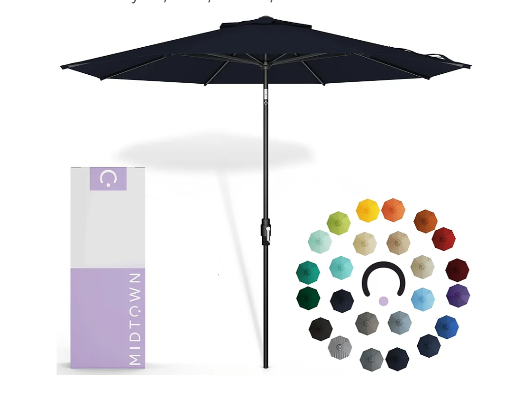 Midtown Umbrellas The Swilt 9 Feet Patio Umbrella in Sunbrella Canvas Navy Acrylic Fabric - Fiberglass Ribs, Auto-Tilt Aluminum Frame For Backyard, Deck, Garden, Pool - Black Pole