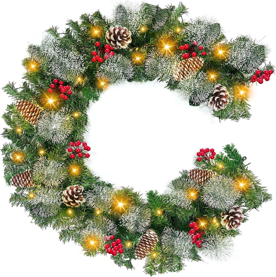 6 Ft by 10 Inch 30 LED Prelit Christmas Garland with Lights Timer 150 Snowy Bristle Pine Branches 8 Pinecone 56 Red Berry Battery Operated Xmas Decor for Home Indoor Outdoor Mantle Stairs Front Door