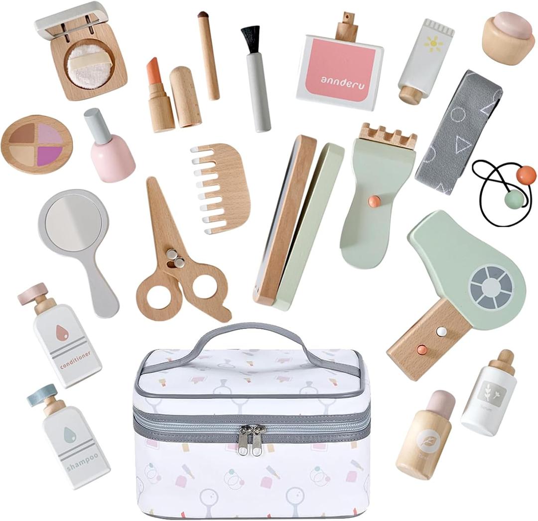 22 PCS Wooden Makeup Toy Set,Toddler Makeup Kit,Cute Fake Makeup Accessories with Storage Bag,Non-Toxic Pretend Roleplay Beauty Salon Toys,Kid Gift for Girls Boys 3 4 5 6