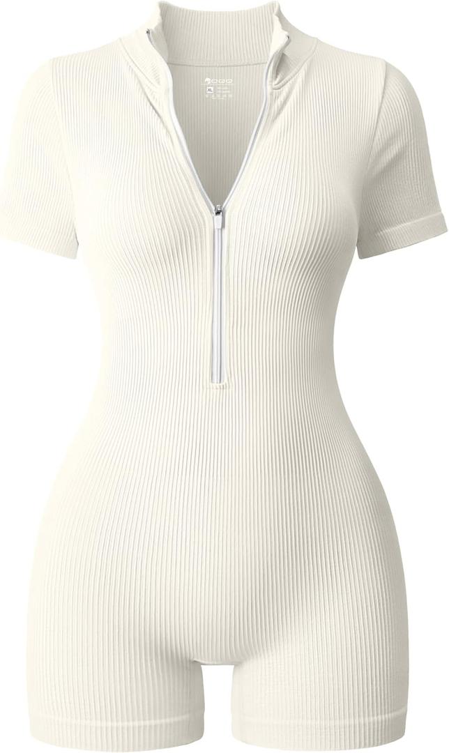 OQQ Women Rompers Ribbed Short Sleeve Zip Front Stretch Tummy Control Yoga Workout Rompers (Small, Beige)
