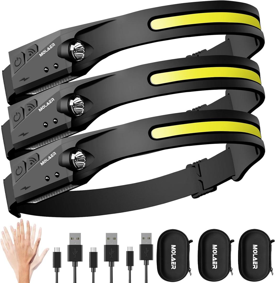 Headlamp Rechargeable, 230 Wide Beam Head Lamp, Motion Sensor LED Head lamp, 5 Modes Headlamps for Adults, Bright Head Lights for Forehead, Outdoor Camping Headlight