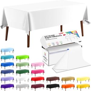 CXPSINC 54 Inch X 300 Feet Plastic Table Cover Roll Disposable Tablecloth with Slide Cutter for All Type/Shape Tables | Party, Banquet, Birthdays, Weddings(White, 300 Feet), 3600" x 54"
