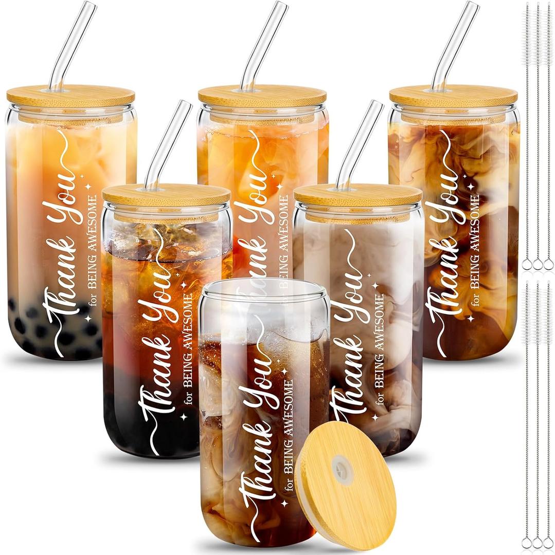 6 Set Employees Appreciation Gifts Thank You Team Gift Bulk Coworkers Staff 16Oz Can Beer Glass Cup with Lids Straws Brushes for Christmas