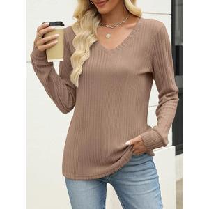 ANRABESS Womens V Neck Sweaters 2025 Fall Long Sleeve Shirts Lightweight Ribbed Knit Basic Casual Office Work Tunic Tops, Size Medium