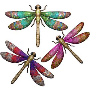 3pcs Metal Dragonfly Garden Art Decorations, Outdoor Hanging Wall Decor Sculptures for Home Garden Yard Patio Window