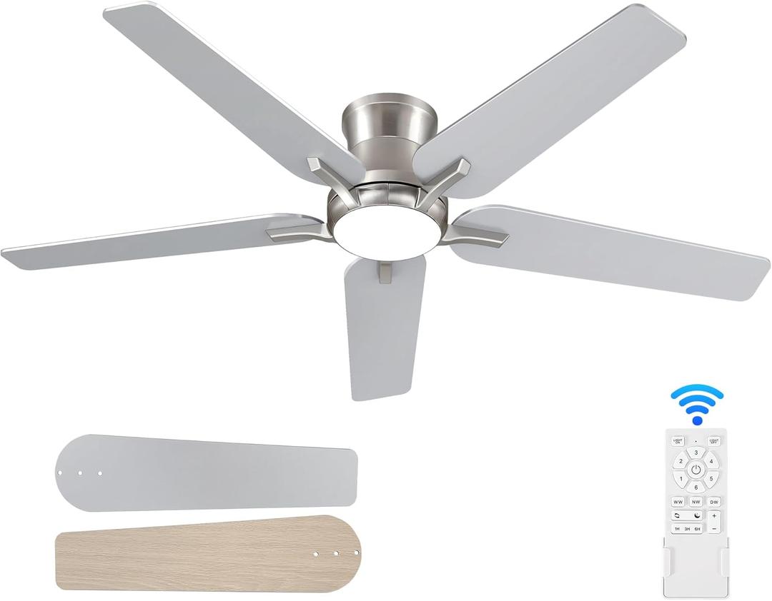 52 Inch Ceiling Fans with Lights and Remote, Brushed Nickel Flush Mount Low Profile Ceiling Fan for Bedroom, Living Room, Patio, Dimmable 6 Speeds Noiseless, ETL Listed