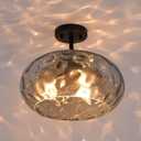 Matte Black Semi Flush Mount Ceiling Fixture Large Smoked Hammered Glass Shade Modern Close to Ceiling Light 14" Art Lampshade for Hallway Foyer Bedroom