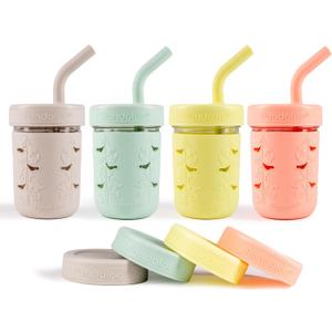 Mason Jar Toddler Cup | 8 oz Glass Cups with Silicone Sleeve & Lids | Spill-Resistant Smoothie & Snack Cups for Kids | BPA-Free | Stainless Steel Inner Straw (Pack of 4, Creamy Mushroom/Sweet Sage/Sunny Lime/Fuzzy Peach)