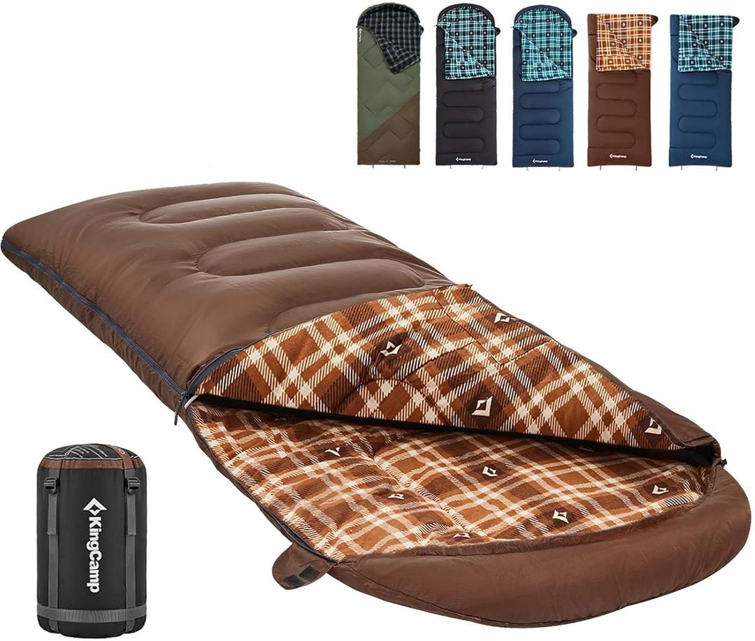 KingCamp Sleeping Bag for Adults, Cold Weather & Warm XL Big and Tall Flannel Sleeping Bags with Compression Sack Portable Waterproof Essentials Gear Accessories for Outdoor Camping (Left Zip, 90" x 35" | 5~39F COFFEE)