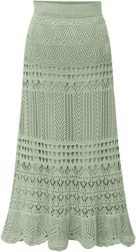 chouyatou Women's Stretched High Waist Crochet Hollow Out Knit Flowy Patterned Lace Maxi Skirt S (Green)