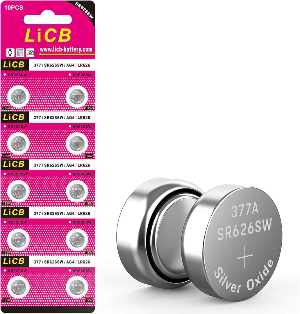 LiCB 10 Pack SR626SW 377 Watch Battery,Long-Lasting & Leak-Proof,High Capacity Silver Oxide 1.55V Button Cell Batteries for Watch